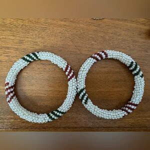 Seed Crochet Beaded Bracelets - White, Red, and Green, Set of 2, Child Sized
